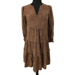 G by Guilana Brown Animal Print Ruffled Dress Size XS Knee Length Puff Sleeves